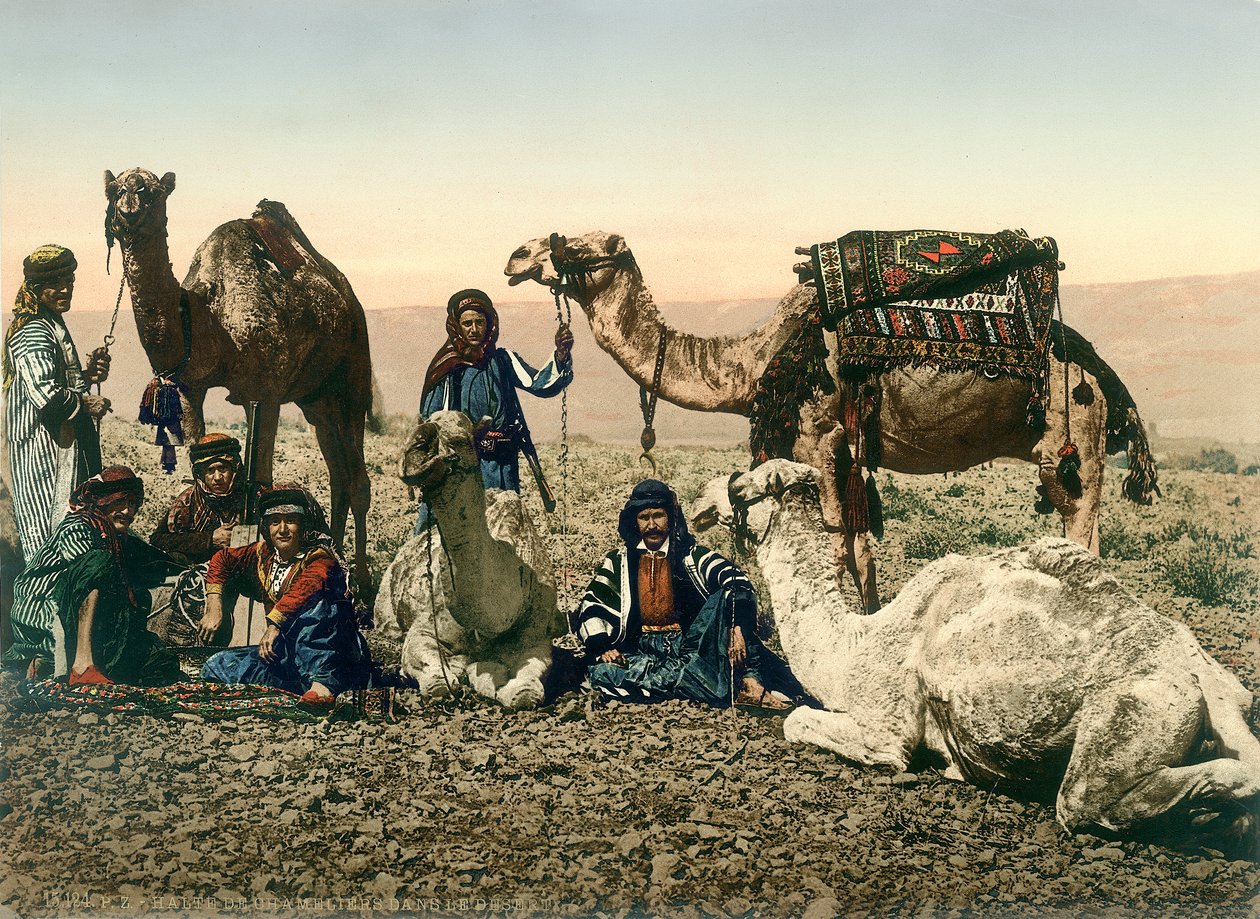 Westliche Reisende als Beduinen verkleidet und ihre Führer mit Kamelen im Jordantal, ca. 1880-1900 von Swiss Photographer
