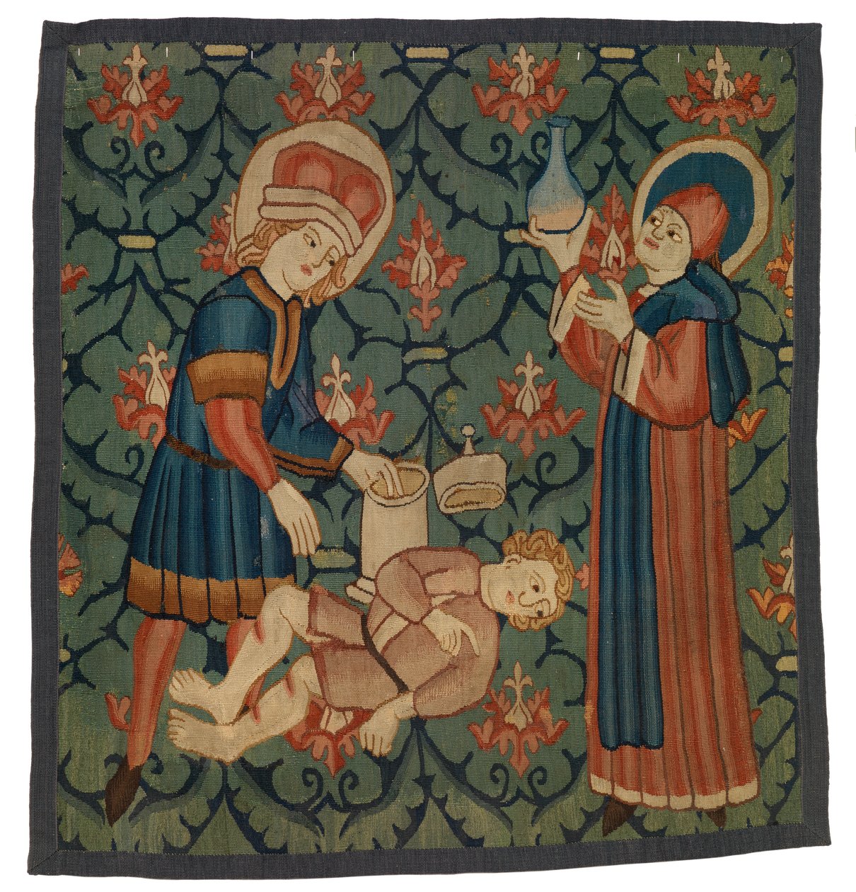 Wandteppichfragment, das St. Cosmas und St. Damian darstellt von Swiss School