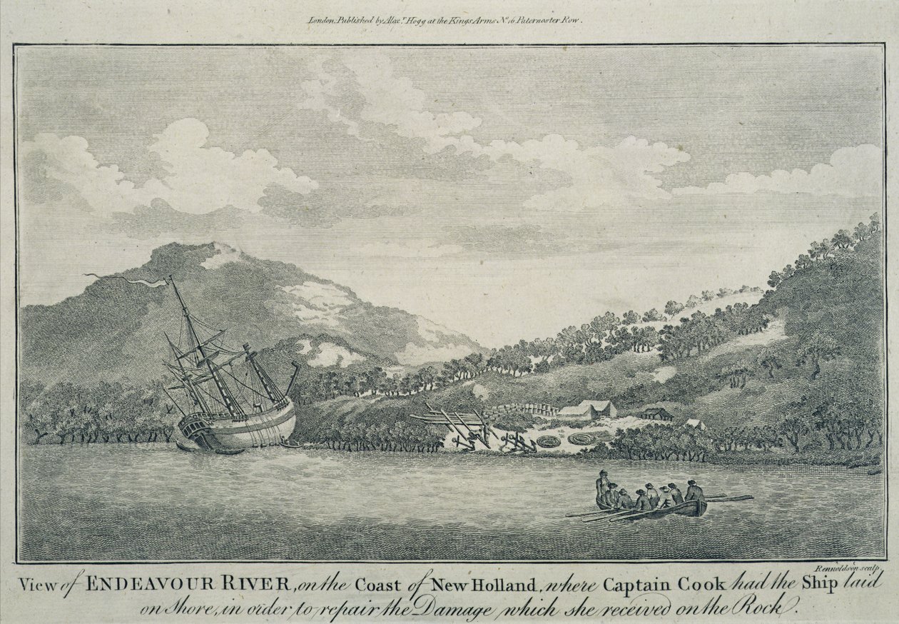Kapitän Cook, nach einem Schiffbruch auf seiner Weltreise, lässt die Endeavour in einem Hafen auf einer der Hope-Inseln reparieren, ca. 1786 (Gravur) von Sydney (after) Parkinson