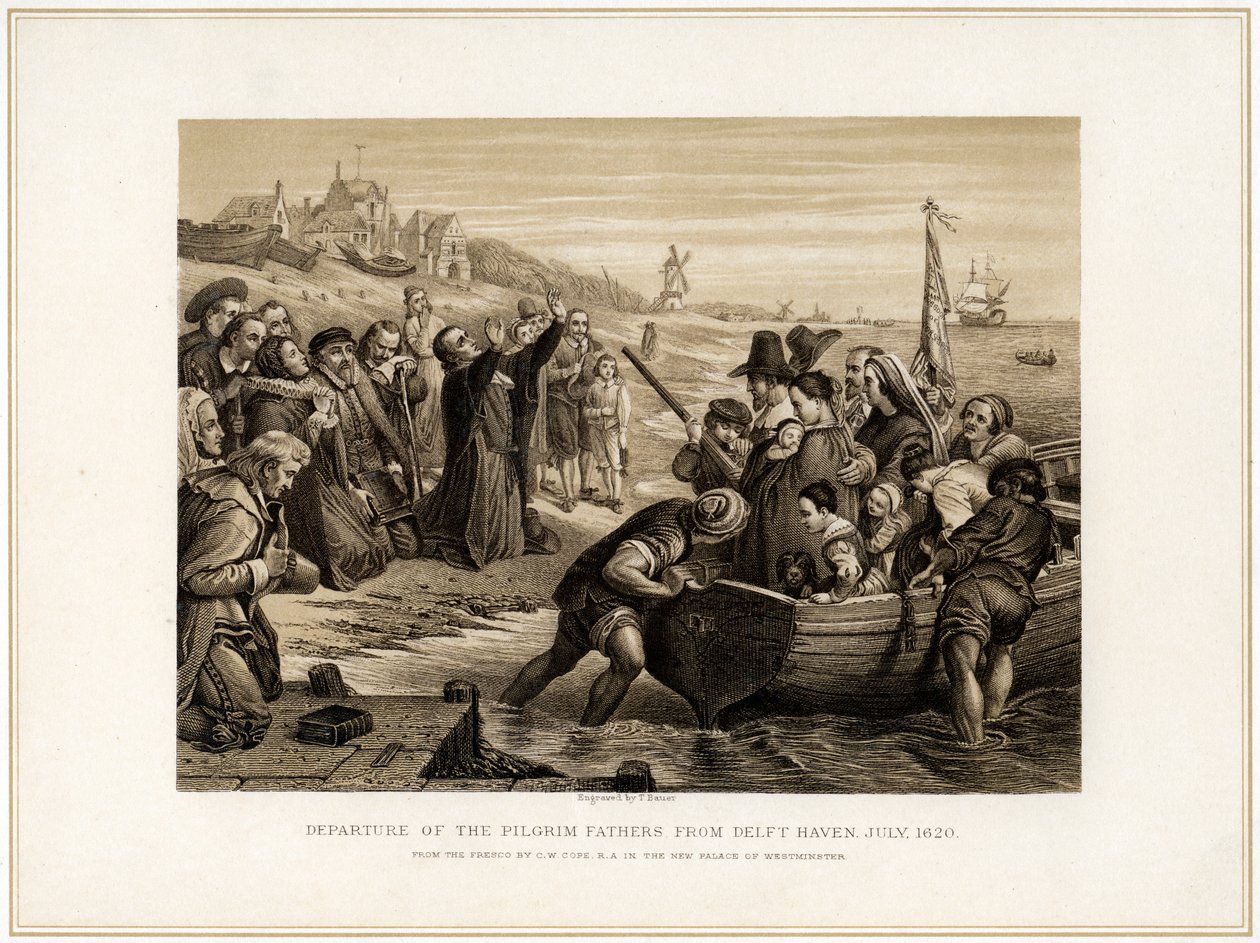 Abreise der Pilgerväter aus Delft Haven, Juli 1620, 19. Jahrhundert von T Bauer