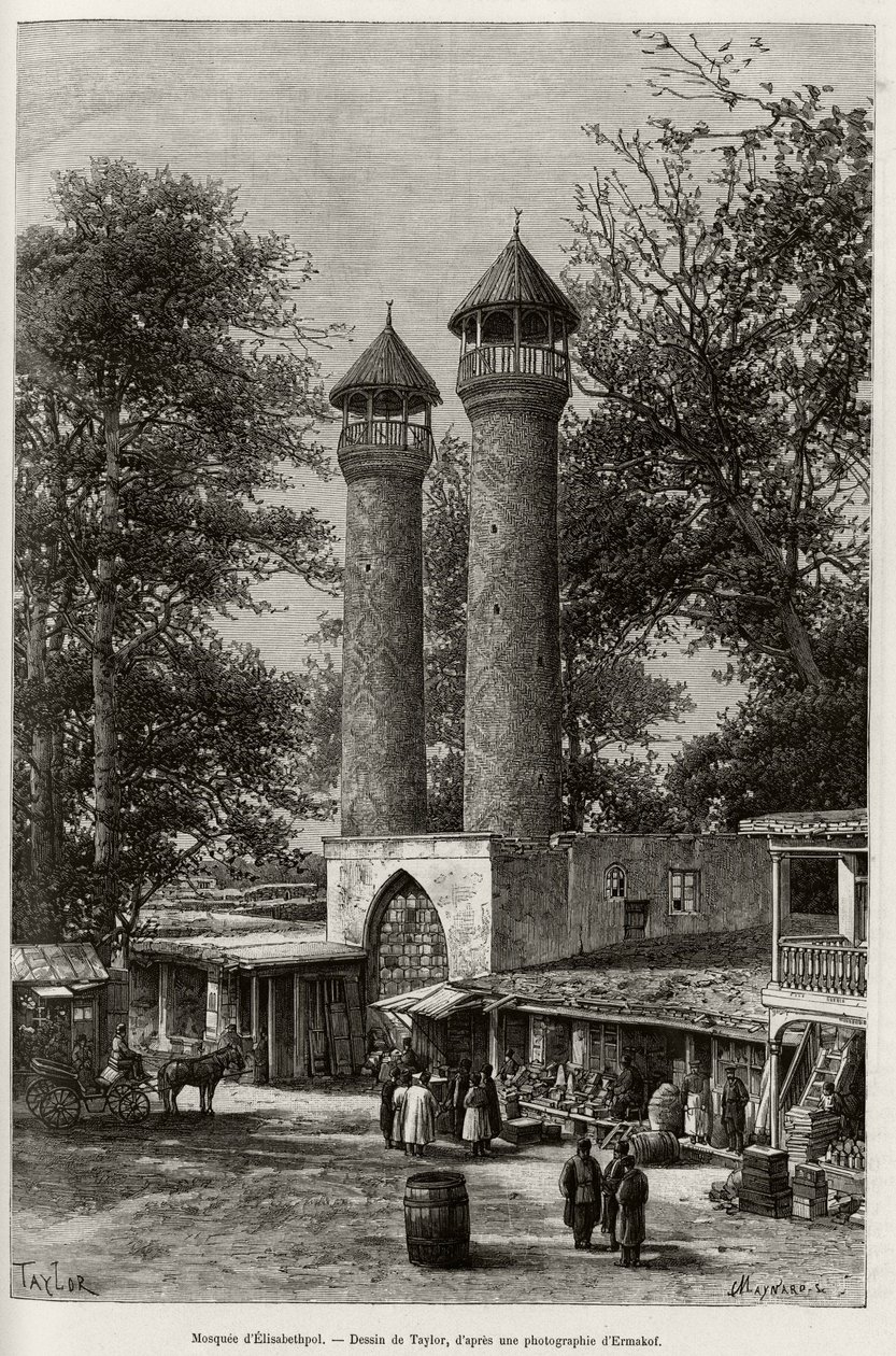 Die Moschee von Elisabethpol (oder Gandja, oder Kirovabad, Aserbaidschan). Gravur von Taylor, zur Illustration der Geschichte „A travers l
