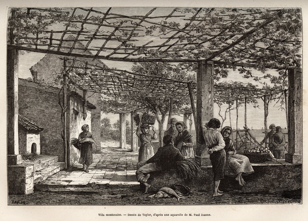 Villa Menton, Gravur nach Taylors Zeichnung, zur Illustration der Reise nach Menton und Bordighera, 1871, von Adolphe Joanne, veröffentlicht in „Le Tour du Monde“ 1874, herausgegeben von Edouard Charton, Hachette, Paris von T Taylor