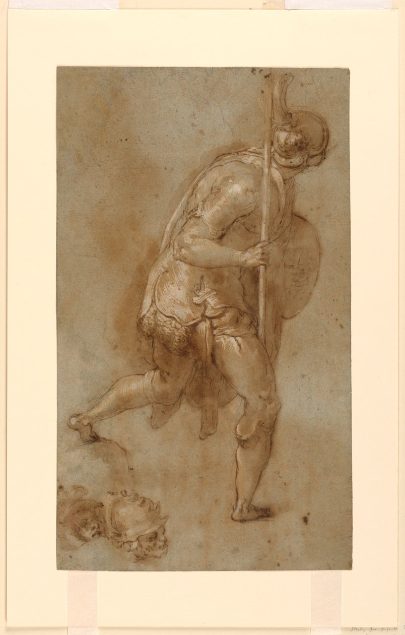 Soldat läuft: Studie für Figur im linken Vordergrund, "Verrat an Christus," Rom, S. Maria della Consolazione, Matttei-Kapelle; Separate Studien von zwei Köpfen von Taddeo Zuccaro