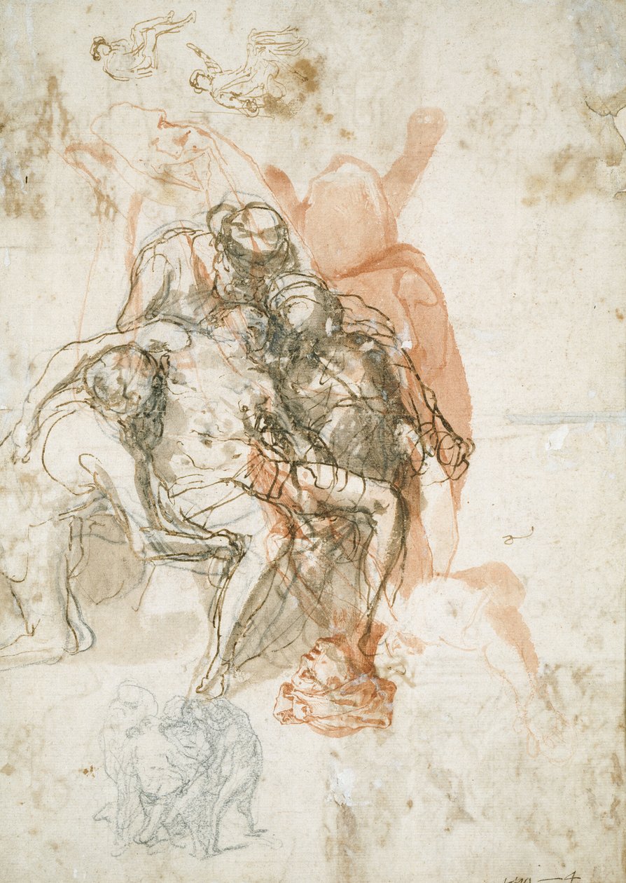 Drei Figuren, die einen Mann stützen, kleinere Skizze desselben und Studien zur Blendung des Elymas von Taddeo Zuccaro
