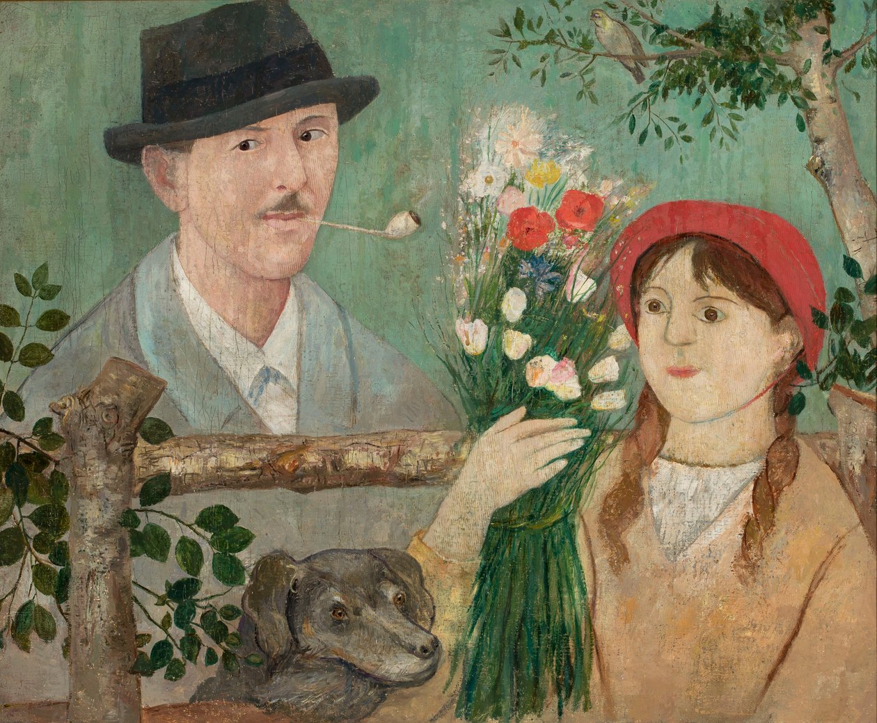 Idylle am Zaun (Selbstporträt, Mädchen mit Blumen und Hund) von Tadeusz Makowski