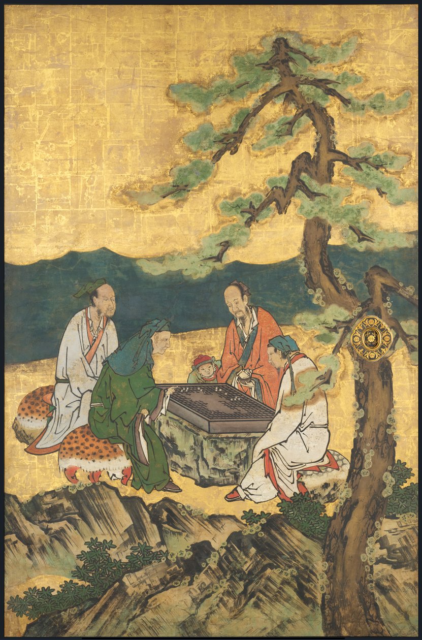 Ein Spiel von Go, aus den Vier Errungenschaften, Anfang des 17. Jahrhunderts (Schiebebildschirm; Tinte, Farbe und Gold auf Papier) von Takanobu Kano