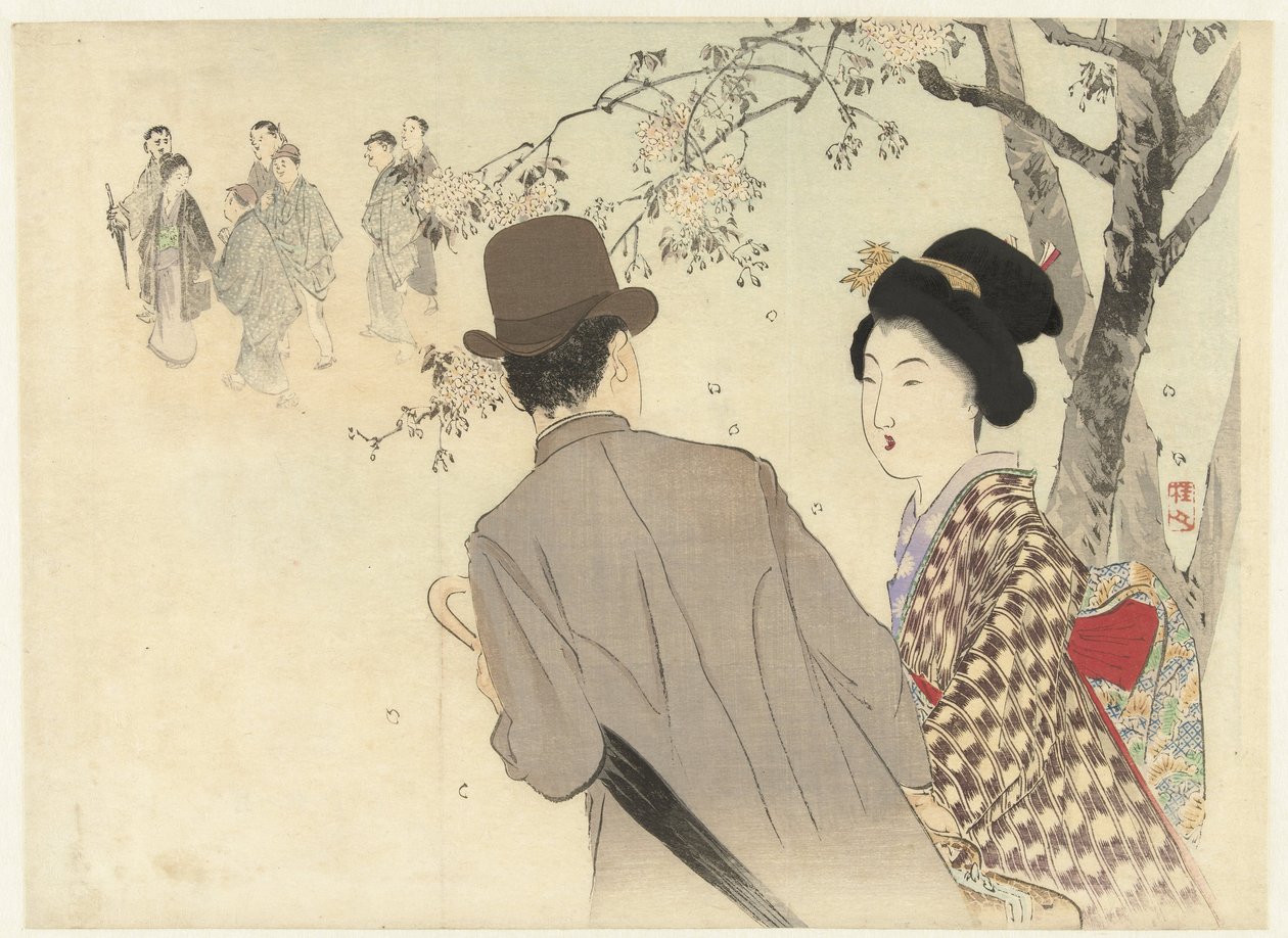 Mann mit Melone und Regenschirm und Dame im Kimono von Takeuchi Keishū