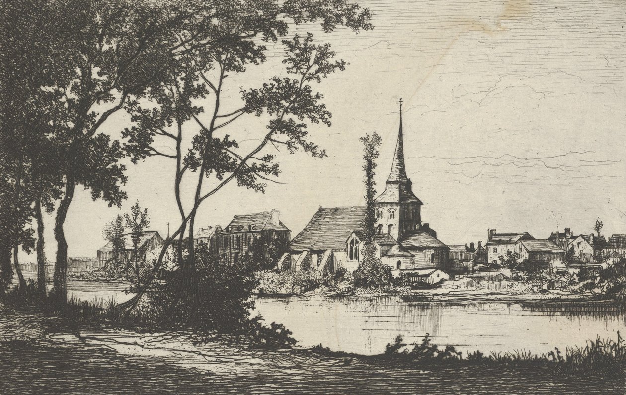 Stadt mit Kirche an einem Fluss, 19. Jahrhundert von Tancrède Abraham