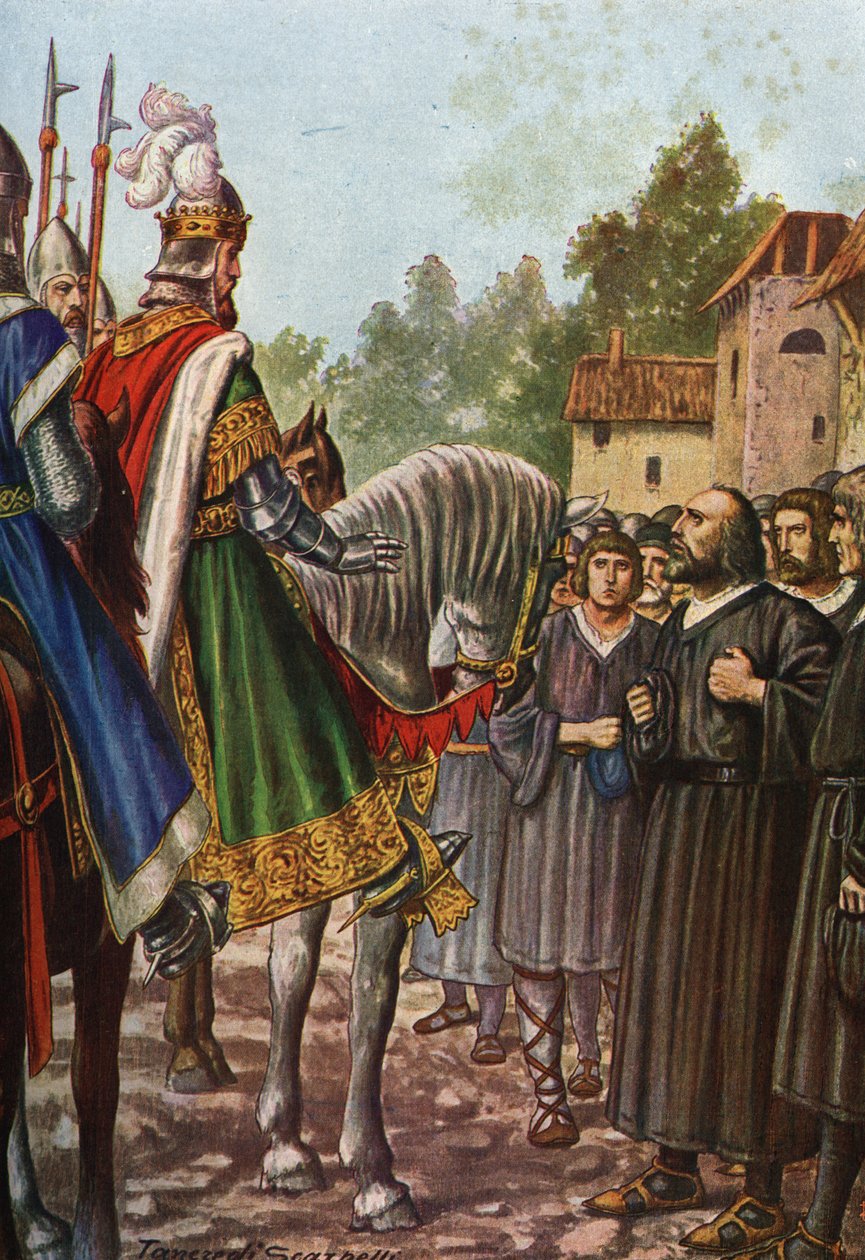 Kaiser Friedrich I. Barbarossa auf seiner zweiten Reise nach Italien 1158, überquert den Fluss Adda und trifft die Menschen von Lodi von Tancredi Scarpelli