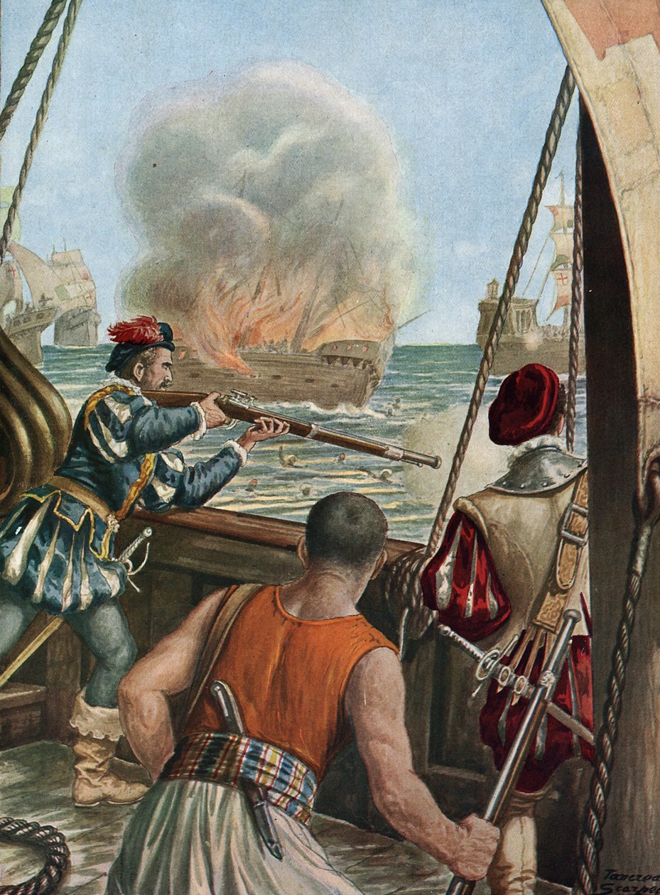 Zweite Expedition nach Indien (1502-1503): Seeschlacht zwischen der portugiesischen Flotte von Vasco de Gama und der von Calicut, die Portugiesen beschießen das muslimische Schiff Miri, das Pilger von Mekka zurückbringt, 3.10.1502 von Tancredi Scarpelli