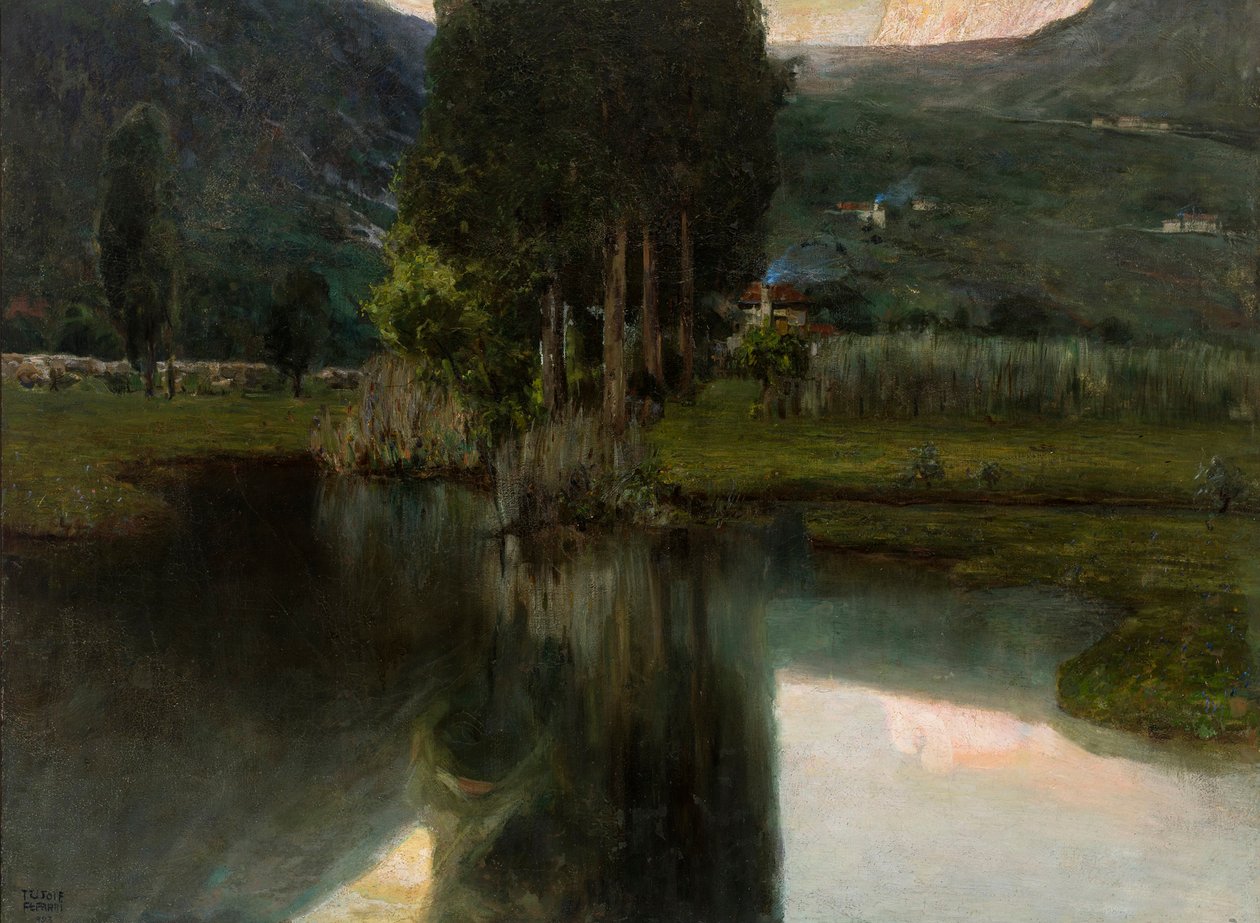See mit Zypressen und Häusern, 1923 von Teodoro Wolf Ferrari