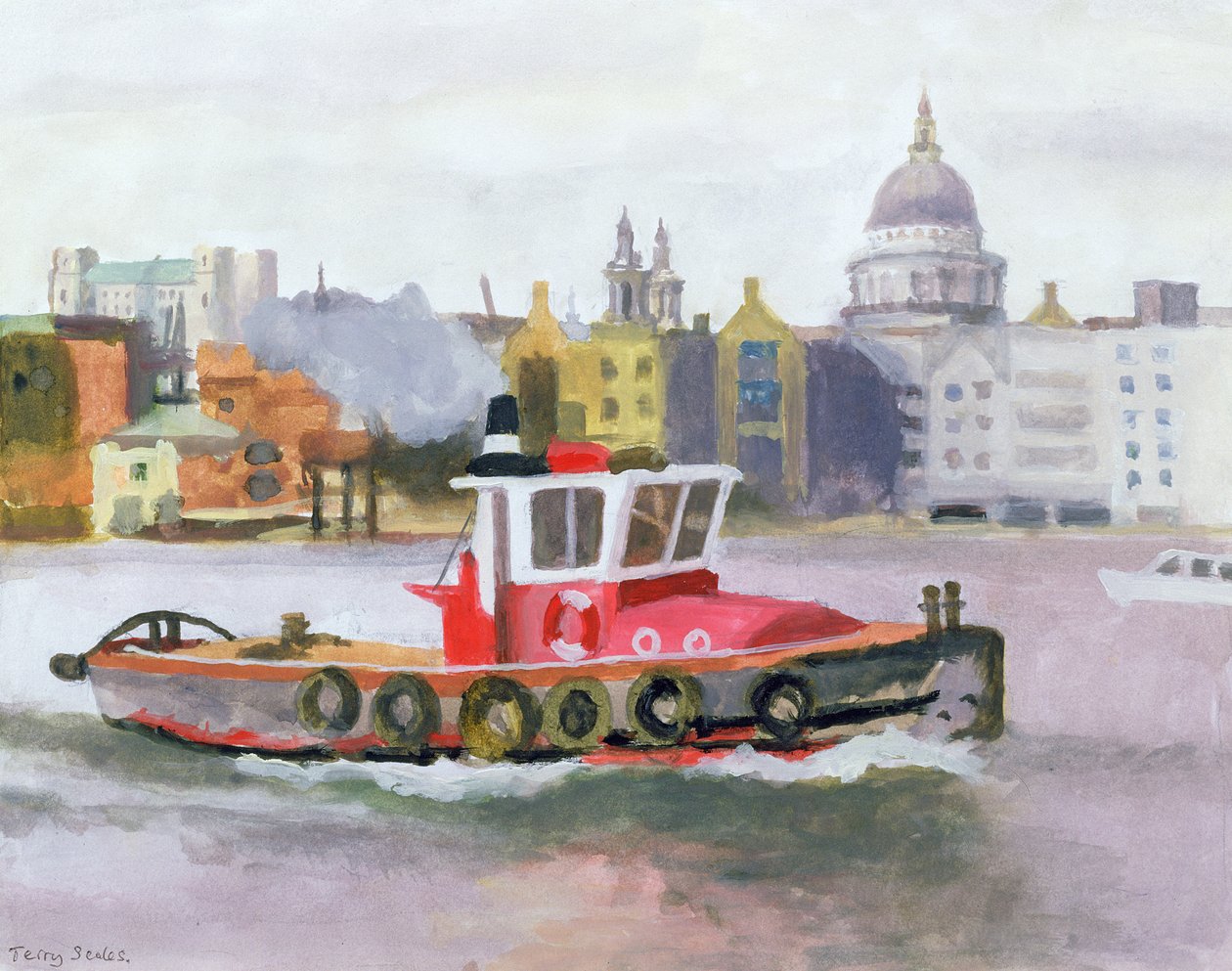 Roter Schlepper passiert St. Pauls, 1996 von Terry Scales
