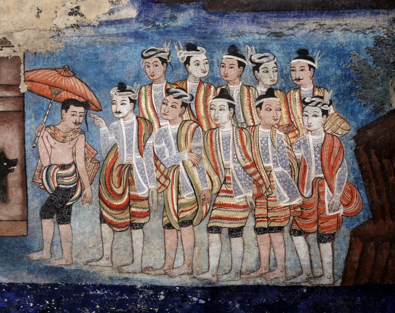 Eine Gruppe von Thai Yai (Shan) Männern, Detail der Wandmalereien von Viharn Laikam, die die Sang Thong Geschichten darstellen von Thai School