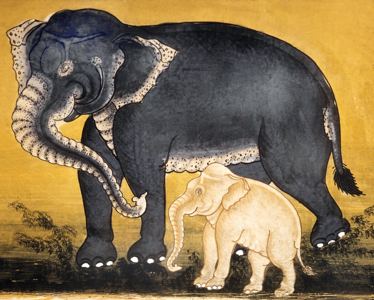 Elefant und Kalb, Seite aus einem Manuskript über Elefantentraining von Thai School