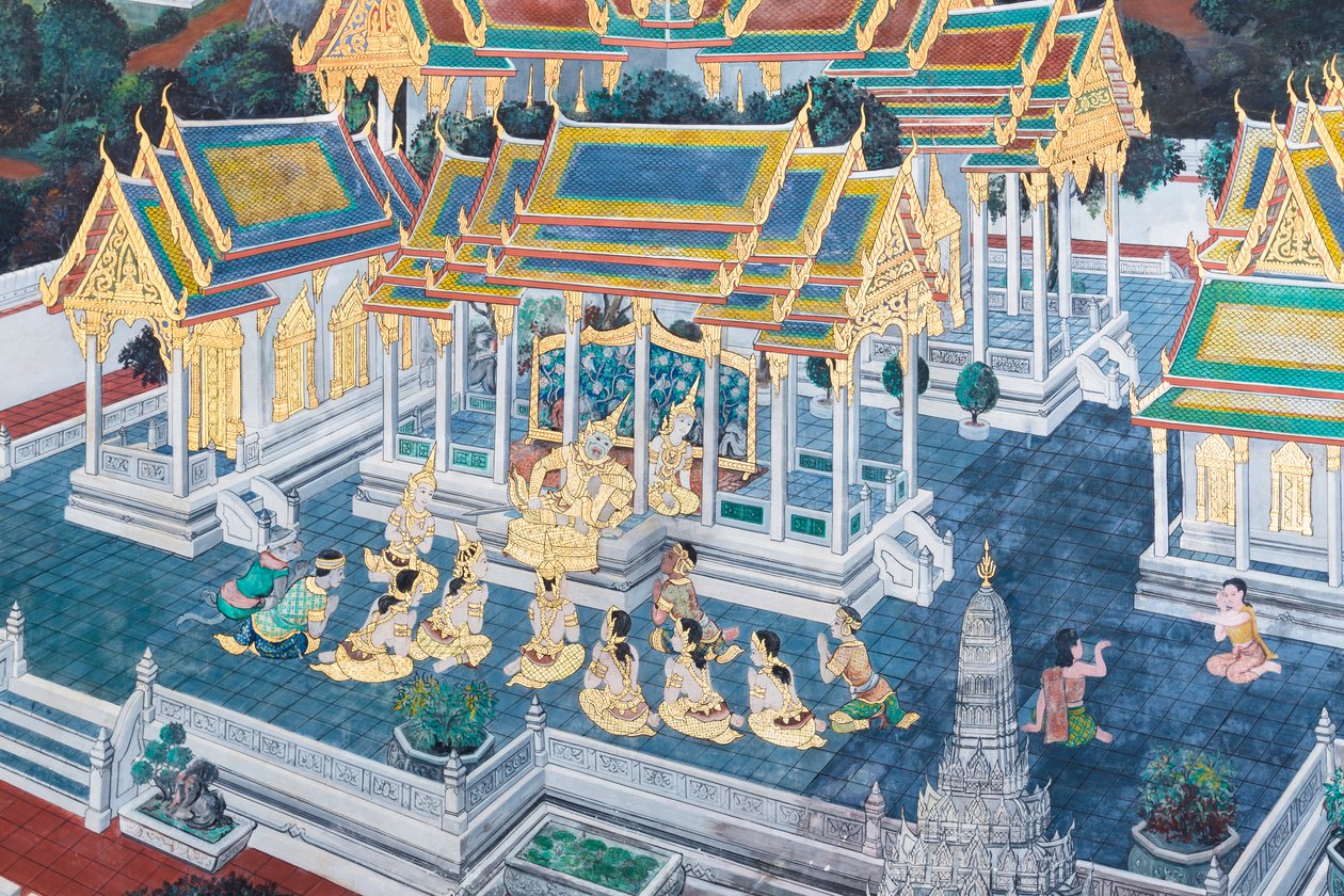 Wandgemälde mit Szenen aus dem Ramayana im Wat Phra Kaeo, dem Königlichen Großen Palast, Bangkok, Thailand von Thai School