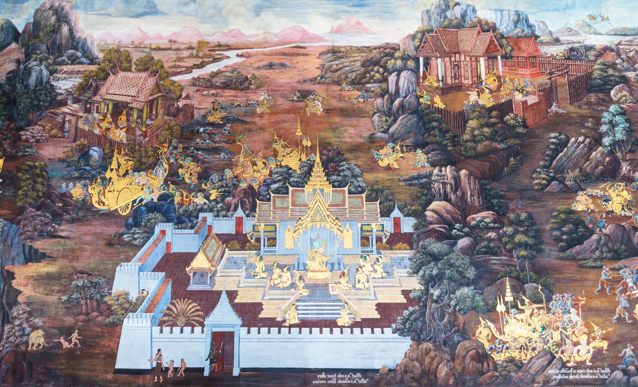 Wandbild mit Szenen aus dem Ramayana im Wat Phra Kaeo, dem Königlichen Großen Palast, Bangkok, Thailand von Thai School