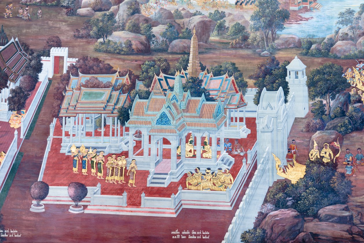 Wandgemälde mit Szenen aus dem Ramayana im Wat Phra Kaeo, dem Königspalast, Bangkok, Thailand von Thai School