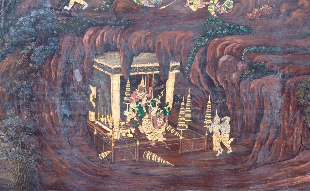 Wandgemälde mit Szenen aus dem Ramayana im Wat Phra Kaeo, dem Königspalast, Bangkok, Thailand von Thai School