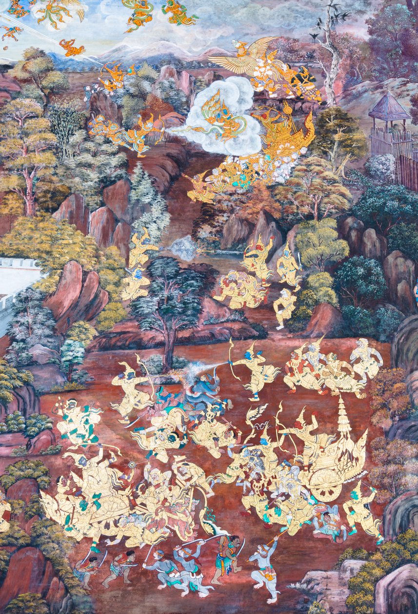 Wandgemälde mit Szenen aus dem Ramayana im Wat Phra Kaeo, dem Königspalast, Bangkok, Thailand von Thai School