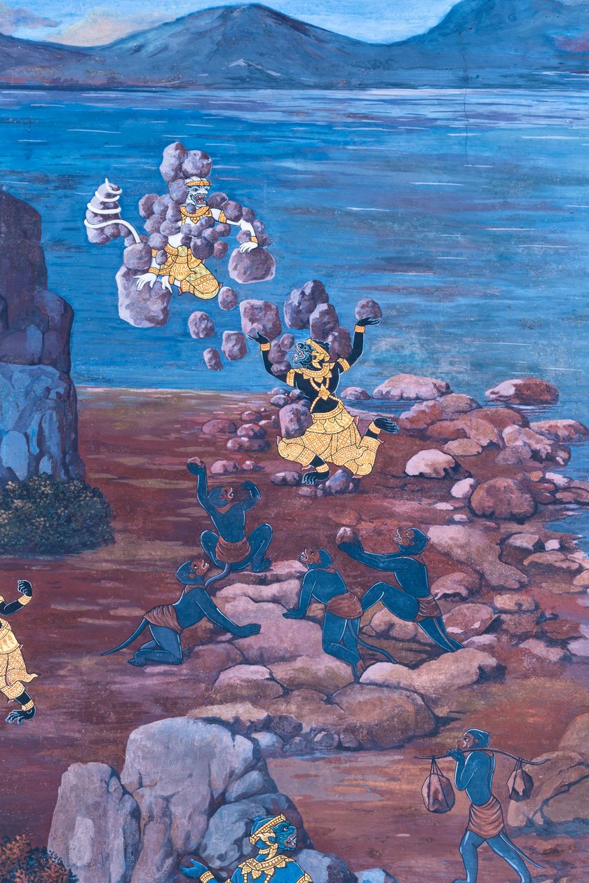 Wandgemälde mit Szenen aus dem Ramayana im Wat Phra Kaeo, dem Königspalast, Bangkok, Thailand von Thai School