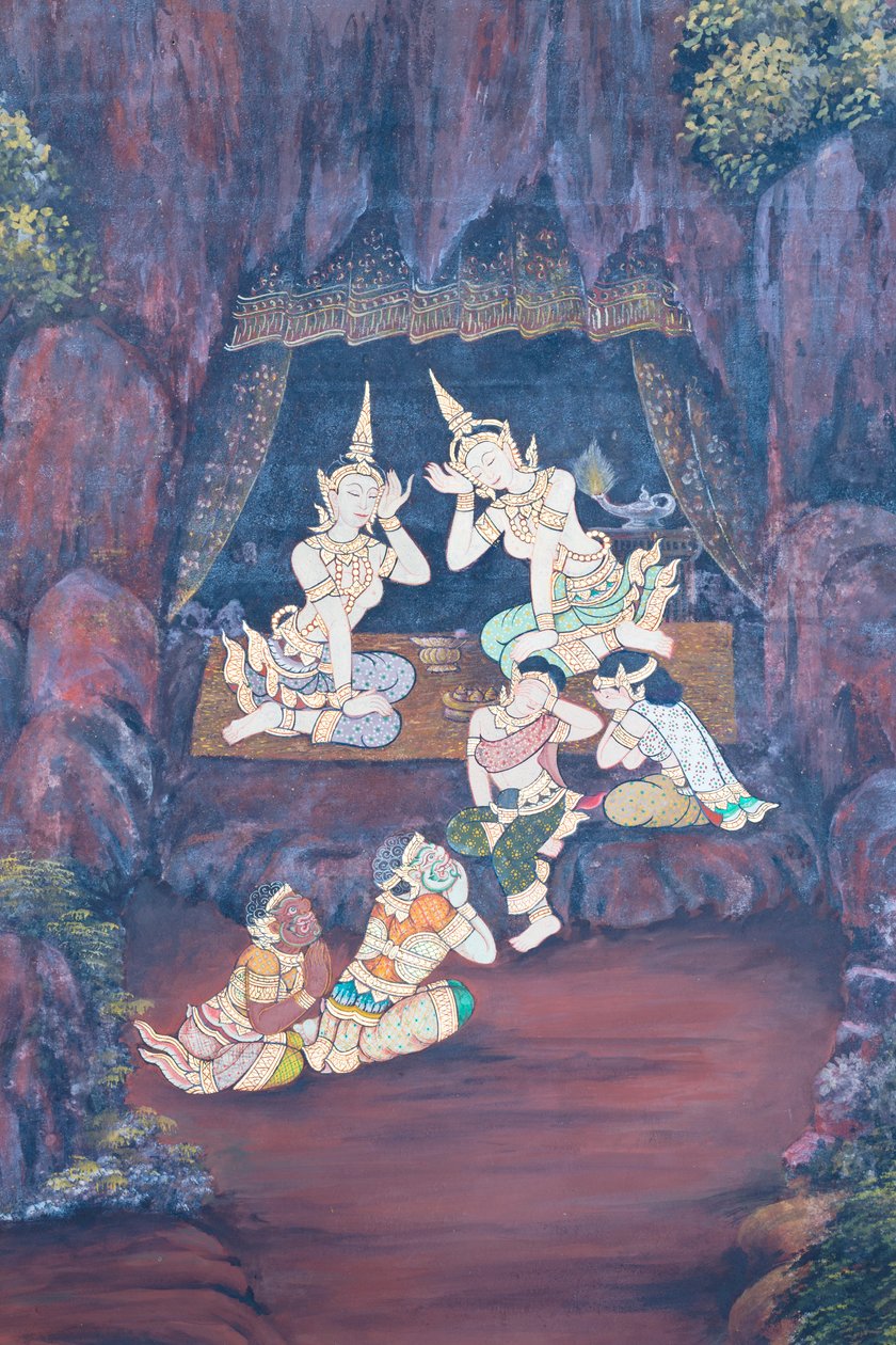 Wandgemälde mit Szenen aus dem Ramayana im Wat Phra Kaeo, dem Königspalast, Bangkok, Thailand von Thai School