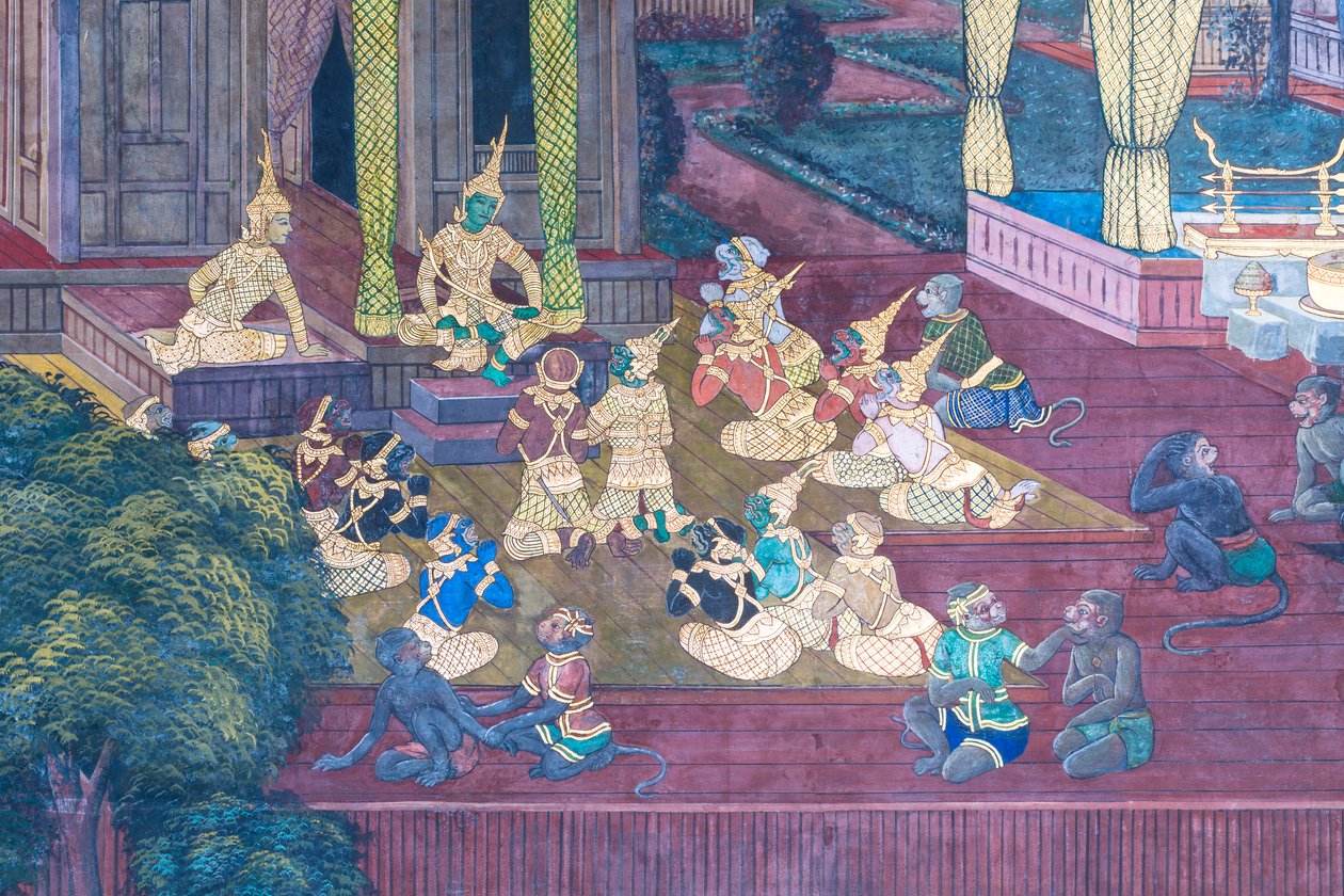 Wandgemälde mit Szenen aus dem Ramayana im Wat Phra Kaeo, dem Königspalast, Bangkok, Thailand von Thai School