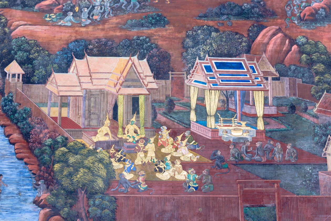 Wandgemälde mit Szenen aus dem Ramayana im Wat Phra Kaeo, Königspalast, Bangkok, Thailand von Thai School