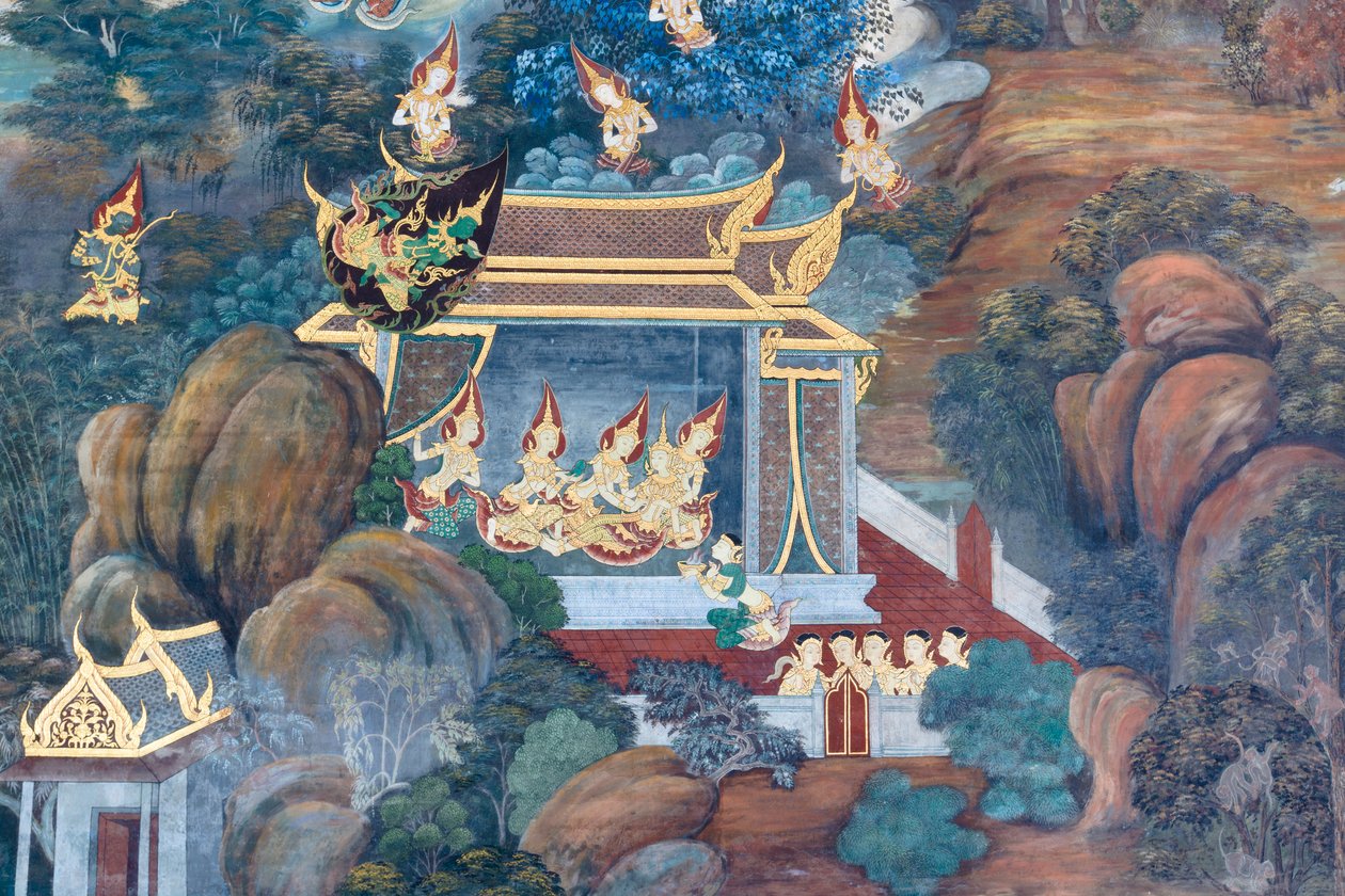 Wandgemälde mit Szenen aus dem Ramayana im Wat Phra Kaeo, Königspalast, Bangkok, Thailand von Thai School