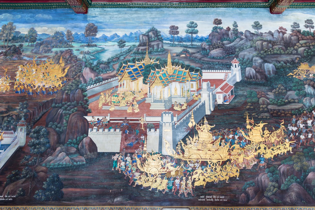 Wandgemälde mit Szenen aus dem Ramayana im Wat Phra Kaeo, dem Königlichen Großen Palast, Bangkok, Thailand von Thai School