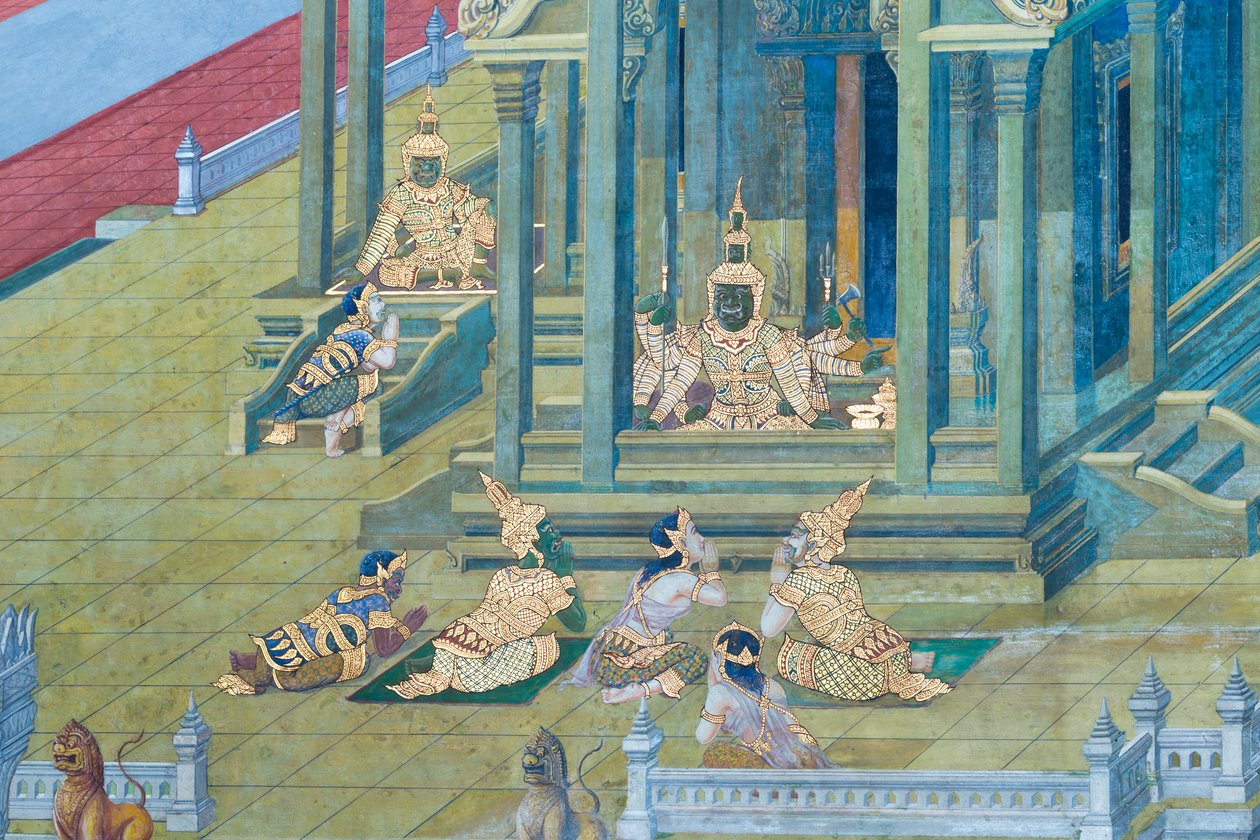 Wandgemälde mit Szenen aus dem Ramayana im Wat Phra Kaeo, dem Königlichen Großen Palast, Bangkok, Thailand von Thai School