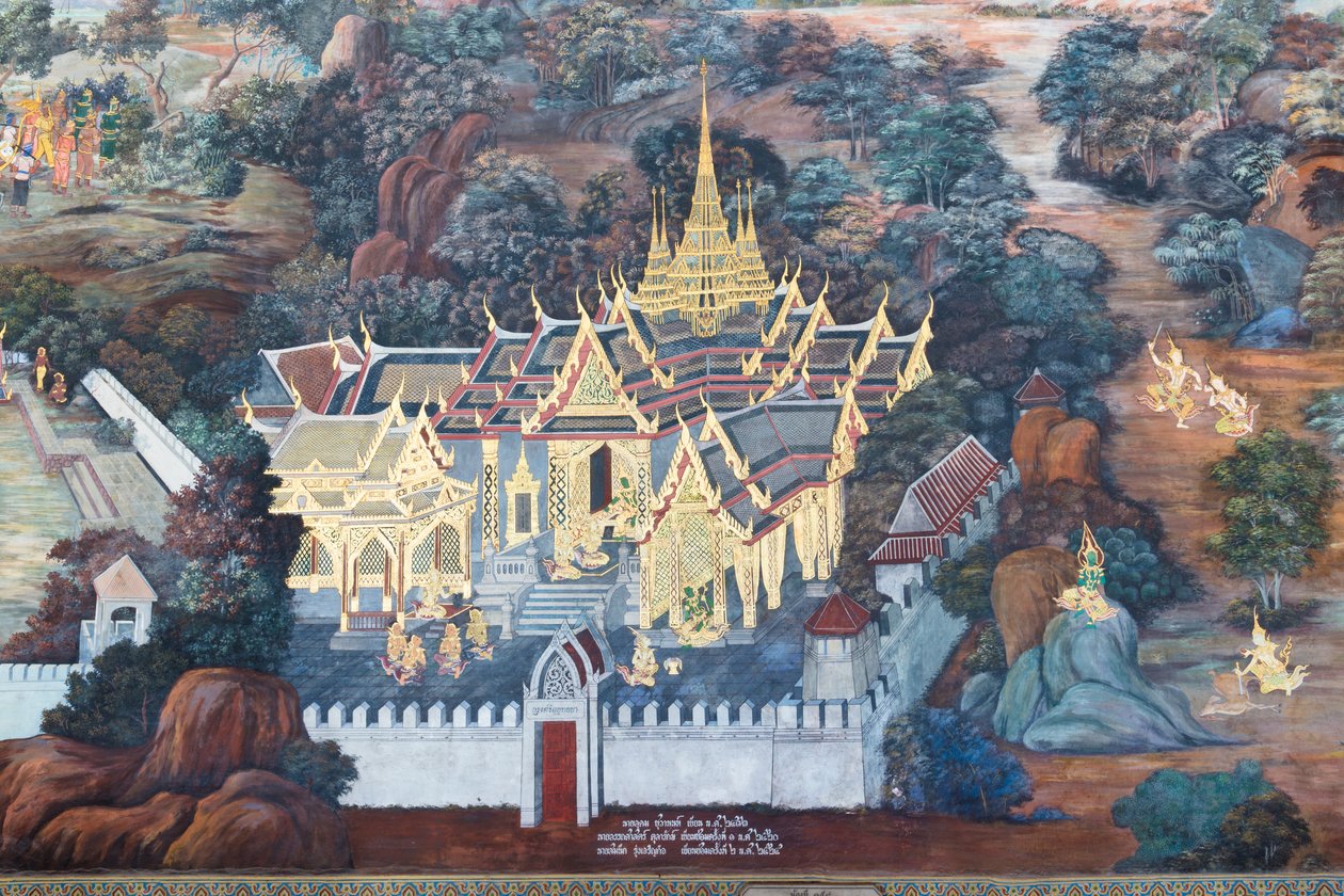 Wandgemälde mit Szenen aus dem Ramayana im Wat Phra Kaeo, dem Königspalast, Bangkok, Thailand von Thai School