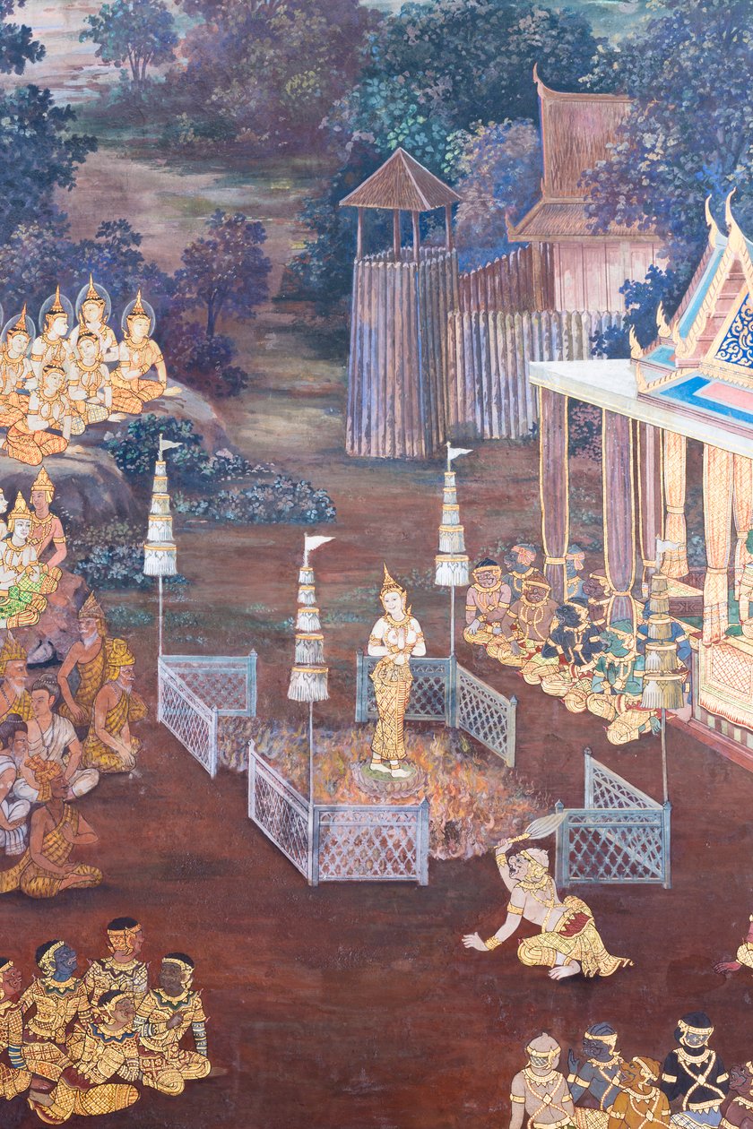 Wandgemälde mit Szenen aus dem Ramayana im Wat Phra Kaeo, dem Königspalast, Bangkok, Thailand von Thai School