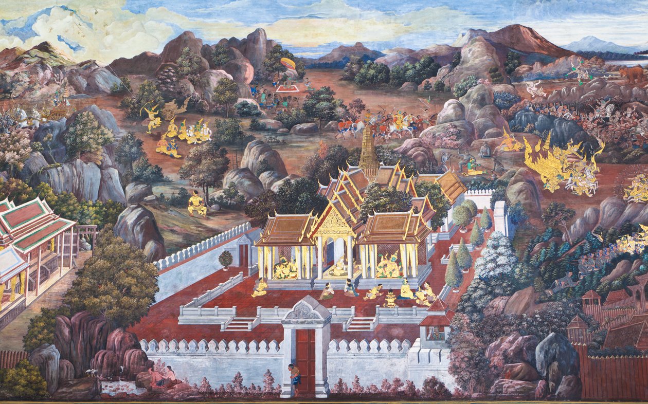 Wandgemälde mit Szenen aus dem Ramakian im Wat Phra Kaeo, dem Königspalast, Bangkok, Thailand von Thai School