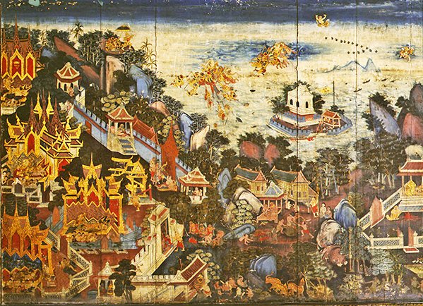 Rückwand eines Schranks, der eine Szene aus dem Ramakien darstellt von Thai School