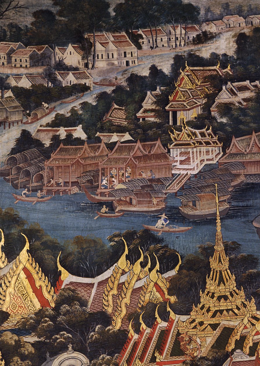 Ansicht des Königspalastes von Bangkok, des Chao Phraya Flusses und Tonburi, mit thailändischen Holzhäusern und chinesischen Ziegel- und Stuckhäusern von Thai School