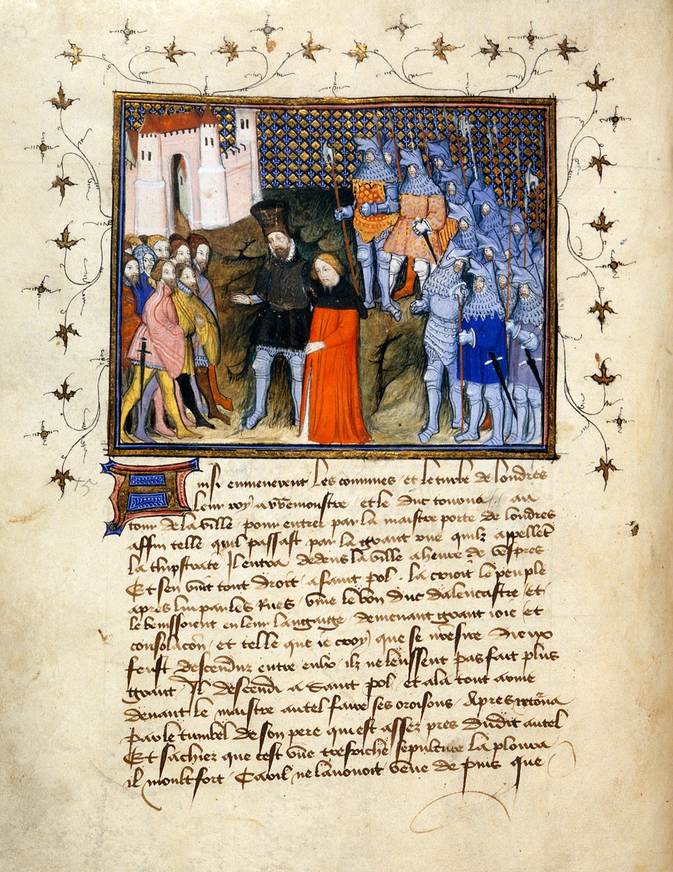 (Ganzes Folio) König Richard II., von Henry Bolingbroke nach London geführt, verzichtet auf den Thron; dekorierter Rand mit Text darunter. von The Virgil Master