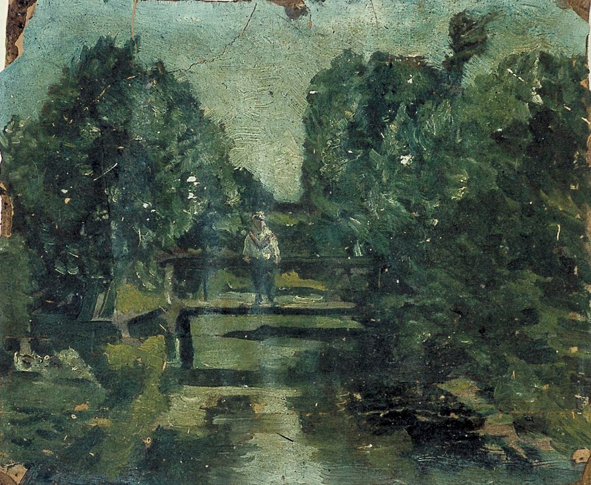 Figur auf einer Brücke im Wald von Theo van Doesburg