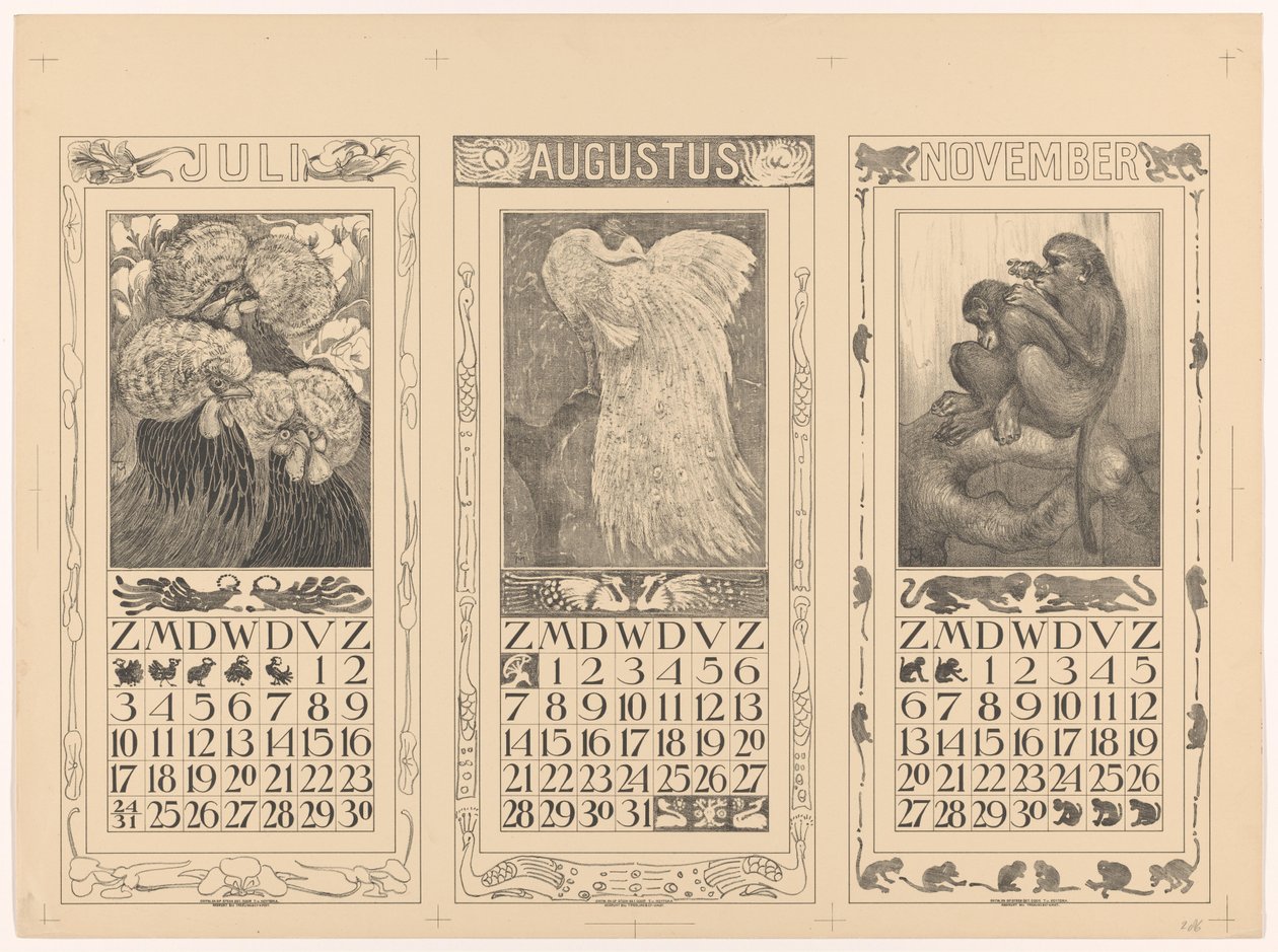 Kalender für Juli, August und November 1910 von Theo van Hoytema