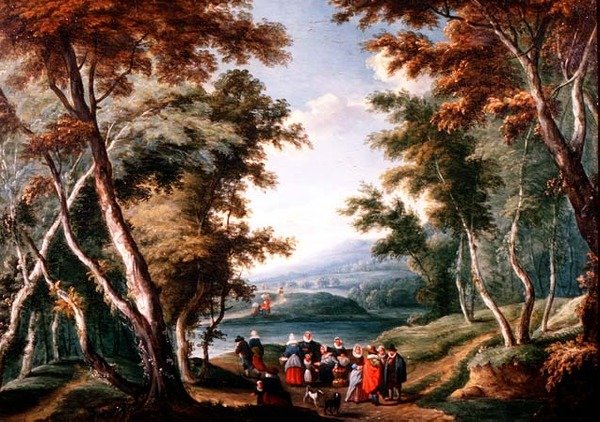Waldlandschaft mit Obstverkäufern und anderen Figuren von Theobald (circle of) Michau