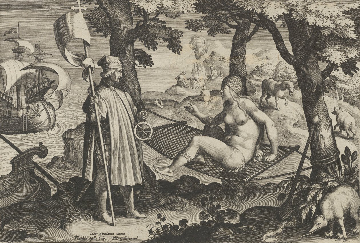 Neue Erfindungen der Neuzeit [Nova Reperta], Die Entdeckung Amerikas, Platte 1, ca. 1600 von Theodoor Galle