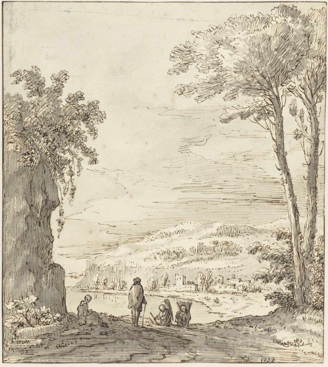 Italienische Flusslandschaft mit Spaziergängern bei einem Felsen von Theodoor Wilkens