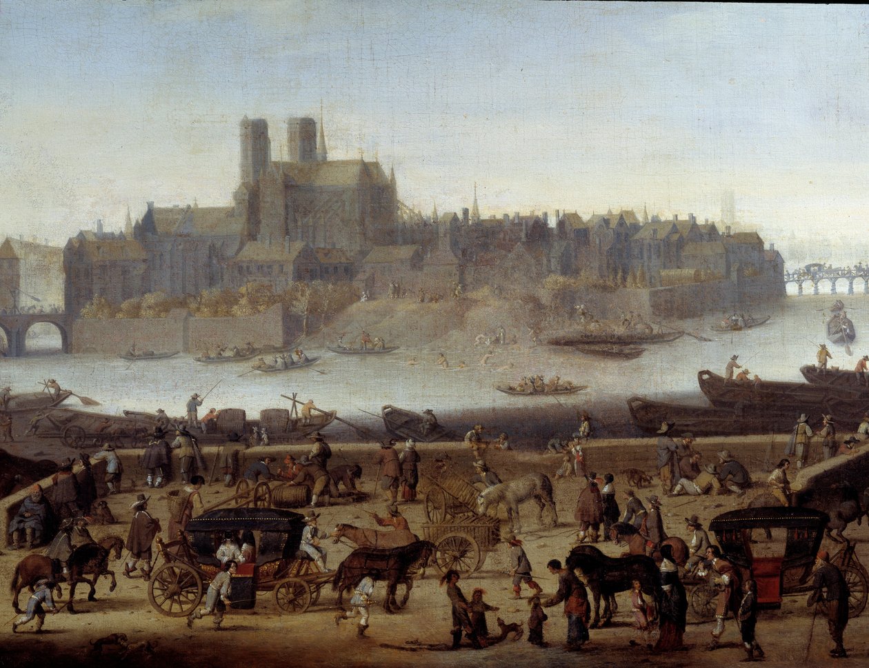 Der Kai und die Brücke von Tournelle in Paris (Detail). Ansicht der Docks und der Insel La Cite. Gemälde zugeschrieben Theodor Matham (1606-1676) 1646 von Theodor (attr. to) Matham