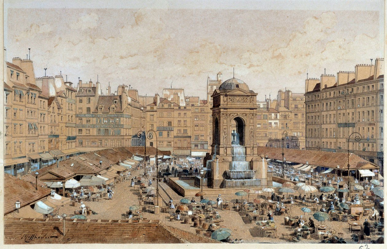 Ansicht des Marche und des Brunnens der Unschuldigen in Paris im 19. Jahrhundert von Theodor Josef Hubert Hoffbauer