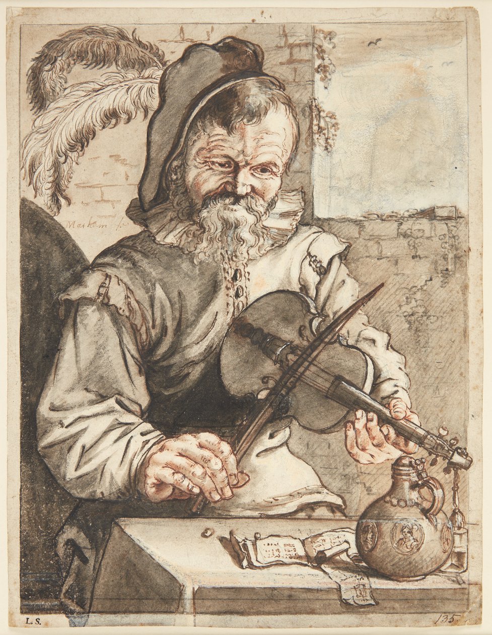 Ein Geigenspieler, Halbfigur en face, sitzend vor einem Tisch mit Noten, einem Krug und einem Glas von Theodor Matham