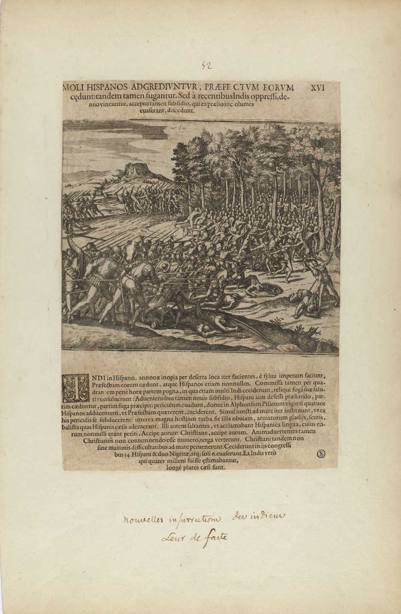 Moli Hispanos Adgrediuntur, Praefe Ctum Eorum/Cedunt: Tandeum.... (aus dem Buch, Americae, Teil fünf) von Theodor de Bry