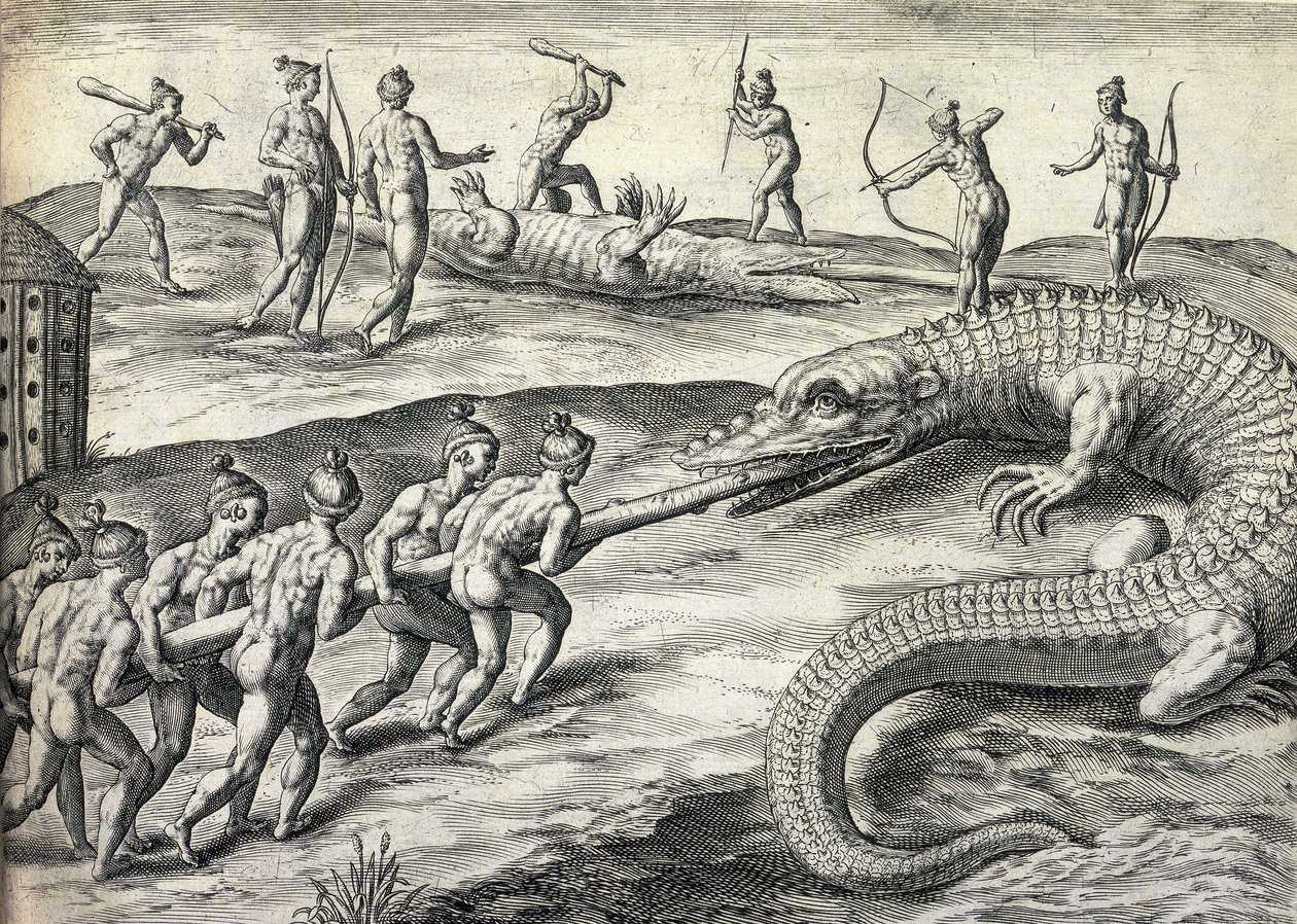 Nackte Ureinwohner Amerikas jagen Alligatoren in Florida, USA von Theodor de Bry