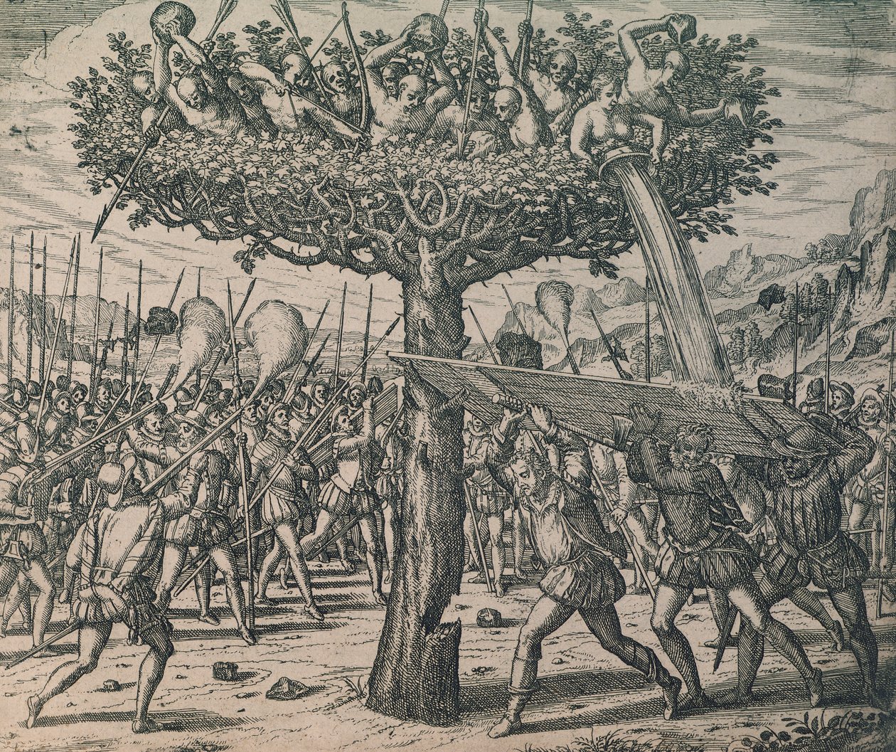 Eingeborene verstecken sich in den Bäumen und kämpfen gegen die Eroberer von Theodor de Bry