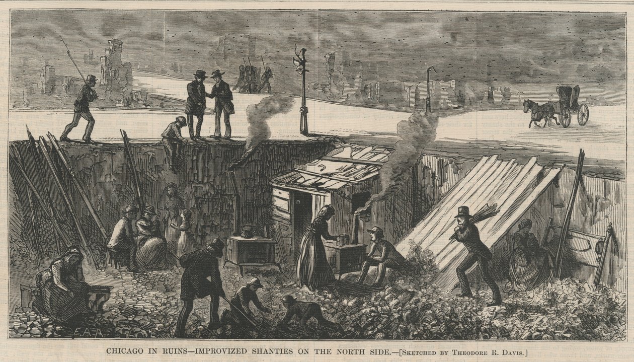 Chicago in Ruinen - Improvisierte Hütten auf der Nordseite, Illustration aus Harpers Weekly, 1871 von Theodore Russell Davis