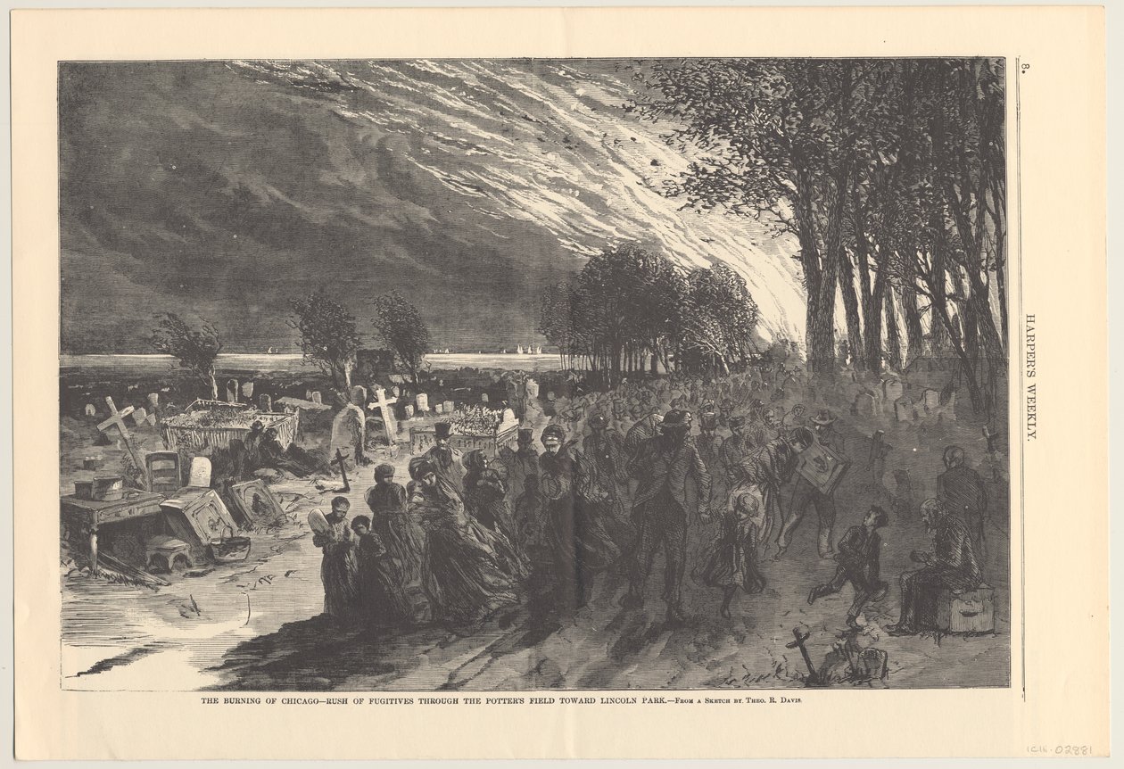 Das Brennen von Chicago - Flucht der Flüchtlinge durch das Töpferfeld in Richtung Lincoln Park, Illustration aus Harpers Weekly, 1871 von Theodore Russell Davis