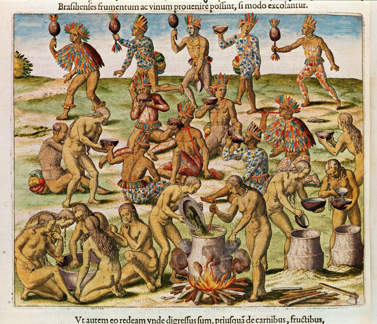 Navigatio in Brasiliam Americae, Zubereitung eines Getränks aus Mais und Weizen (Seite 486), 1563 von Theodore de Bry